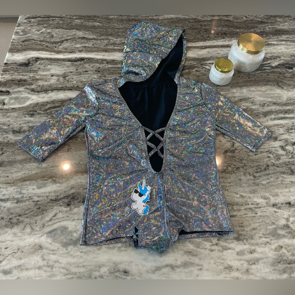 IHeartRaves hooded holographic bodysuit with low v neck and scrunch butt size XL